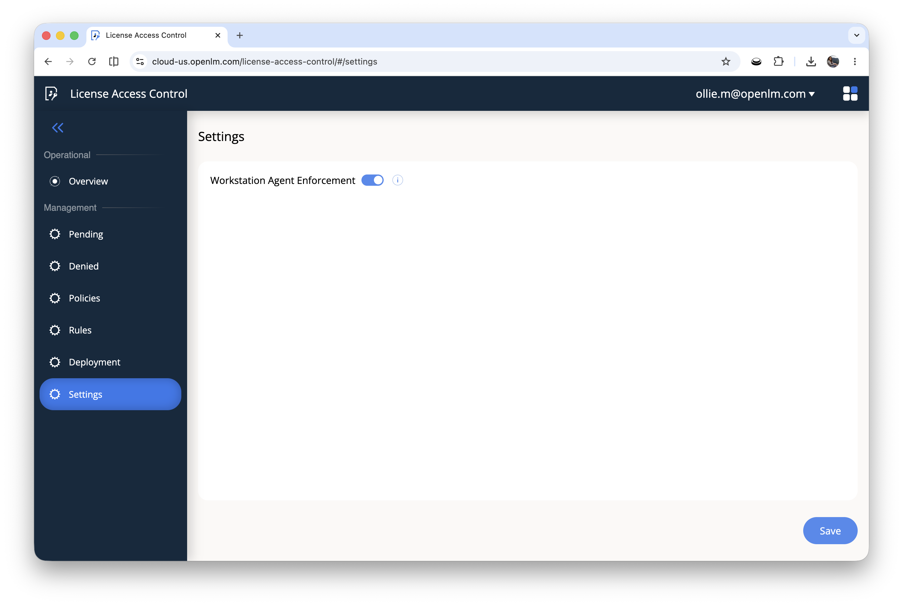 The LAC Settings page shows the Workstation Agent Enforcement toggle, an info tooltip, and a Save button.