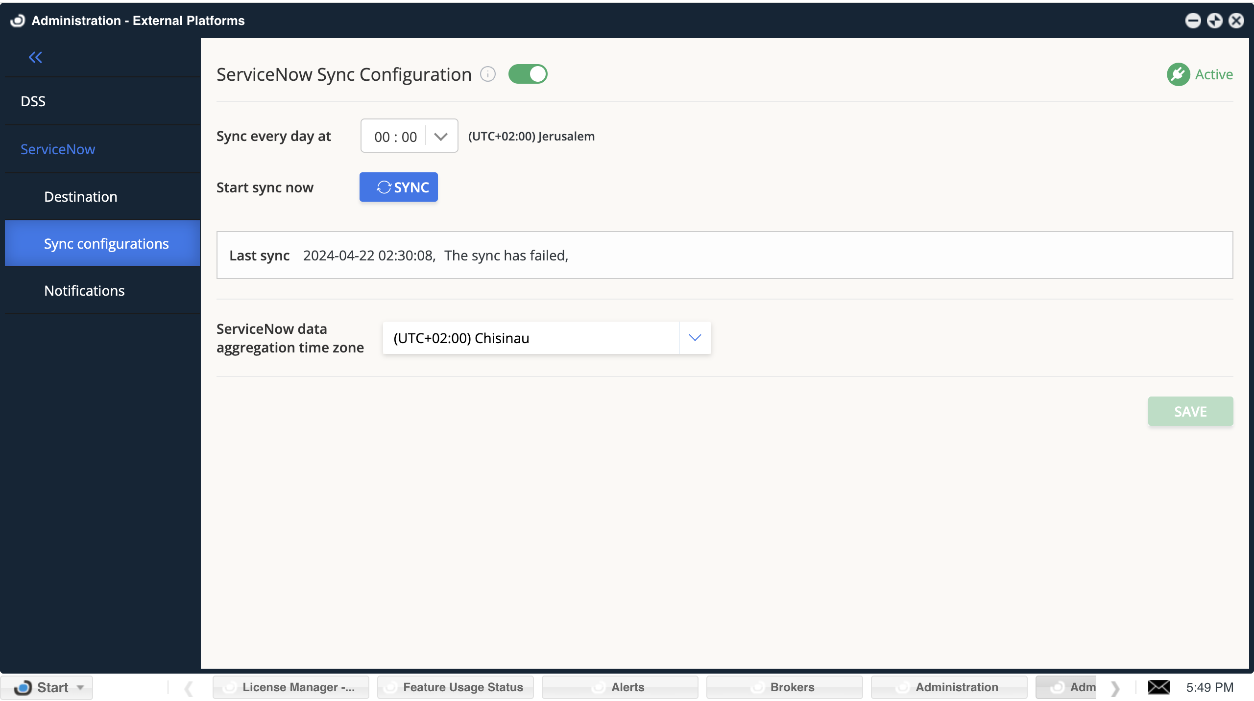 Administration - External Platforms - ServiceNow Sync Configuration