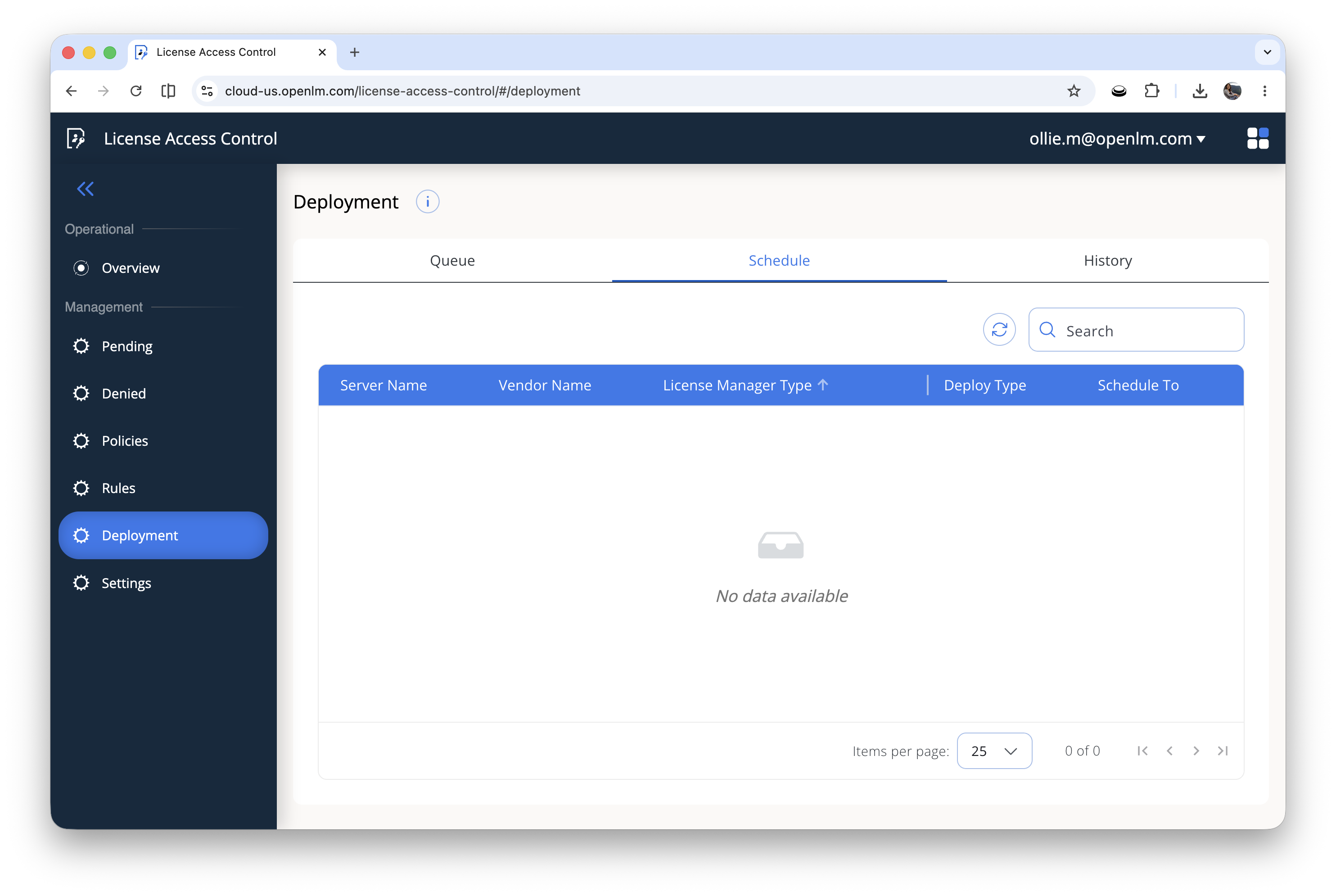 The Schedule tab on the LAC Deployment page lists upcoming, automatically scheduled policy deployments.