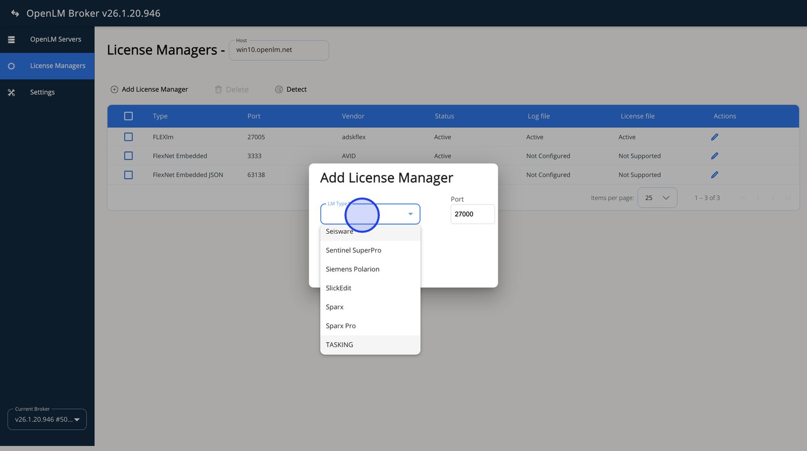 LM Type dropdown list in OpenLM Broker