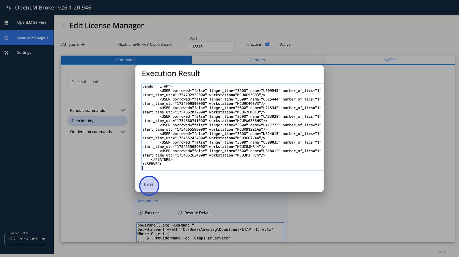 Execution Result window for Data Inquiry