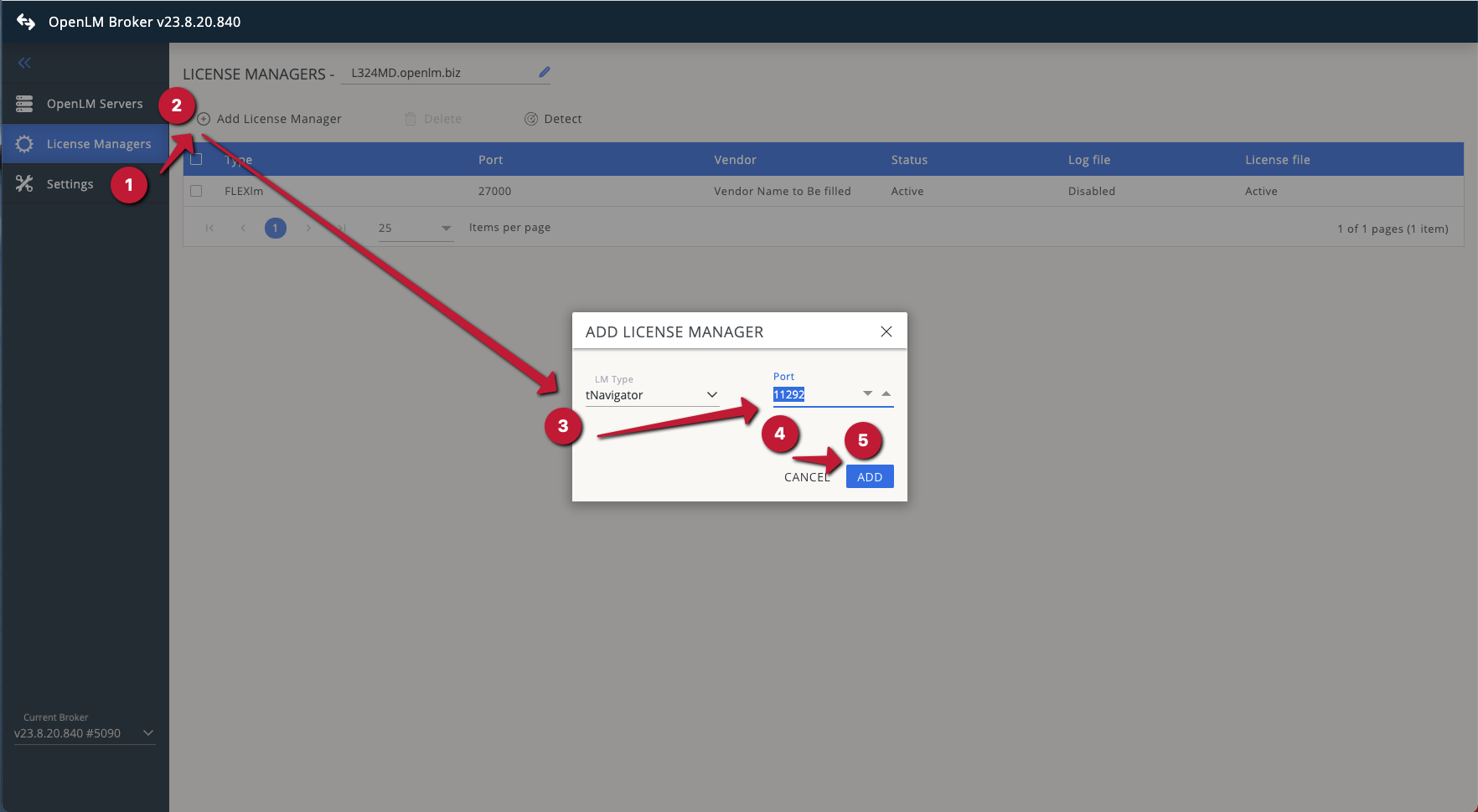 Select tNavigator from the drop-down list and enter the port number. Click Add.