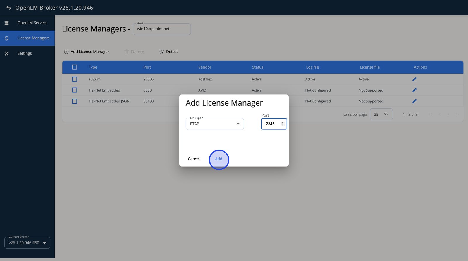 Add button to create the license manager entry