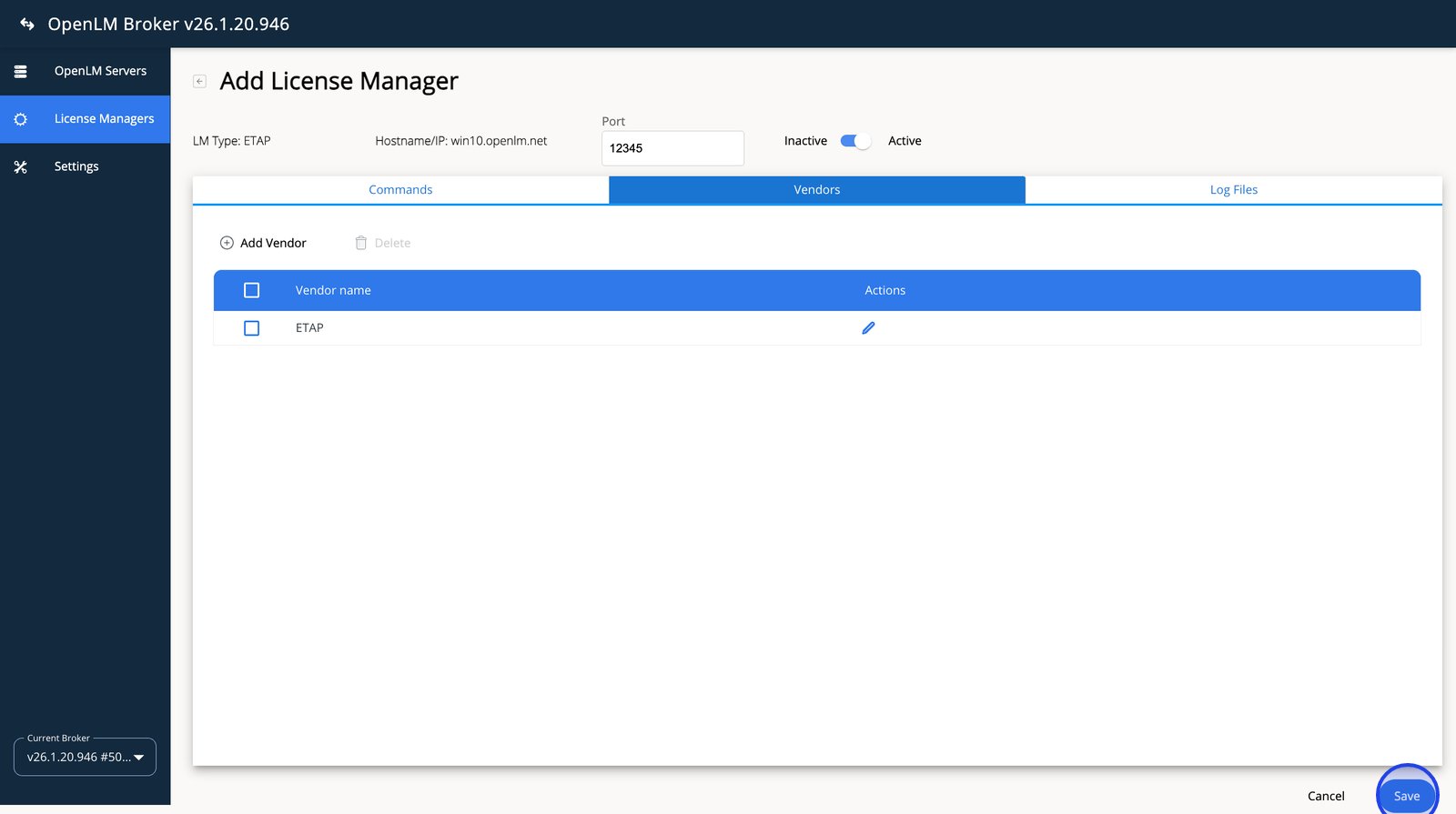 Save button to submit the license manager for approval