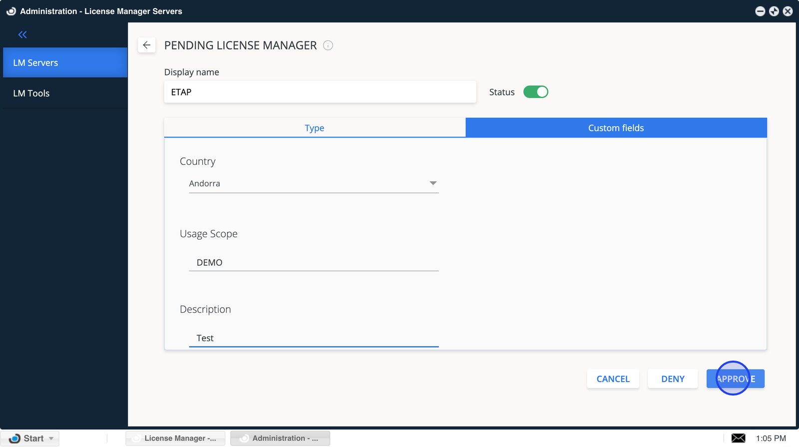 Approve button for the pending license server