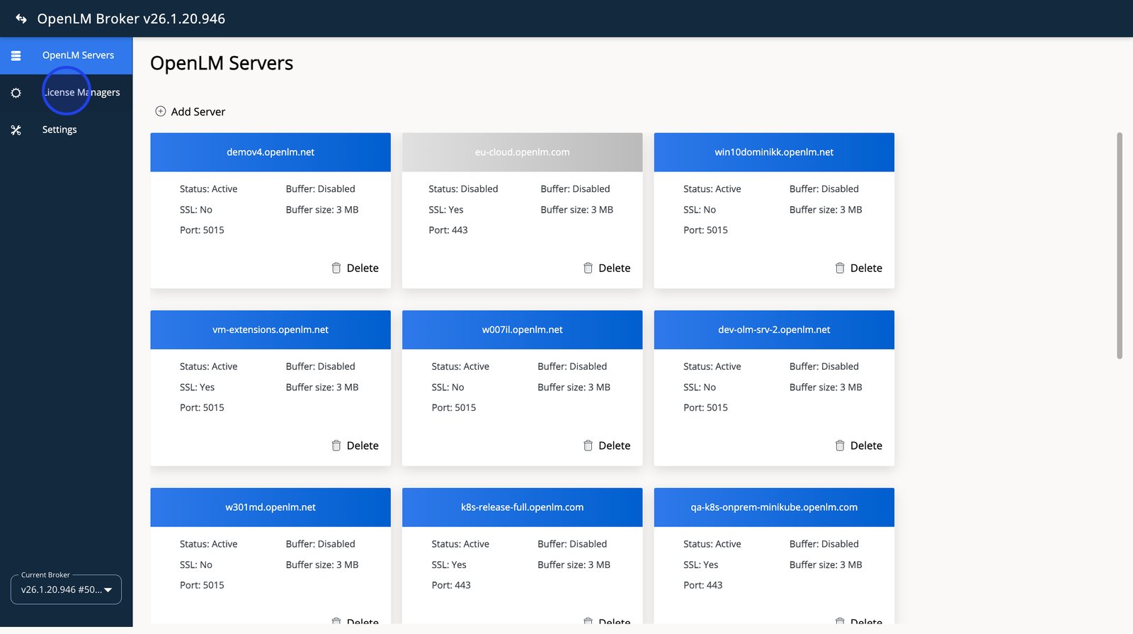 OpenLM Broker sidebar with License Managers selected