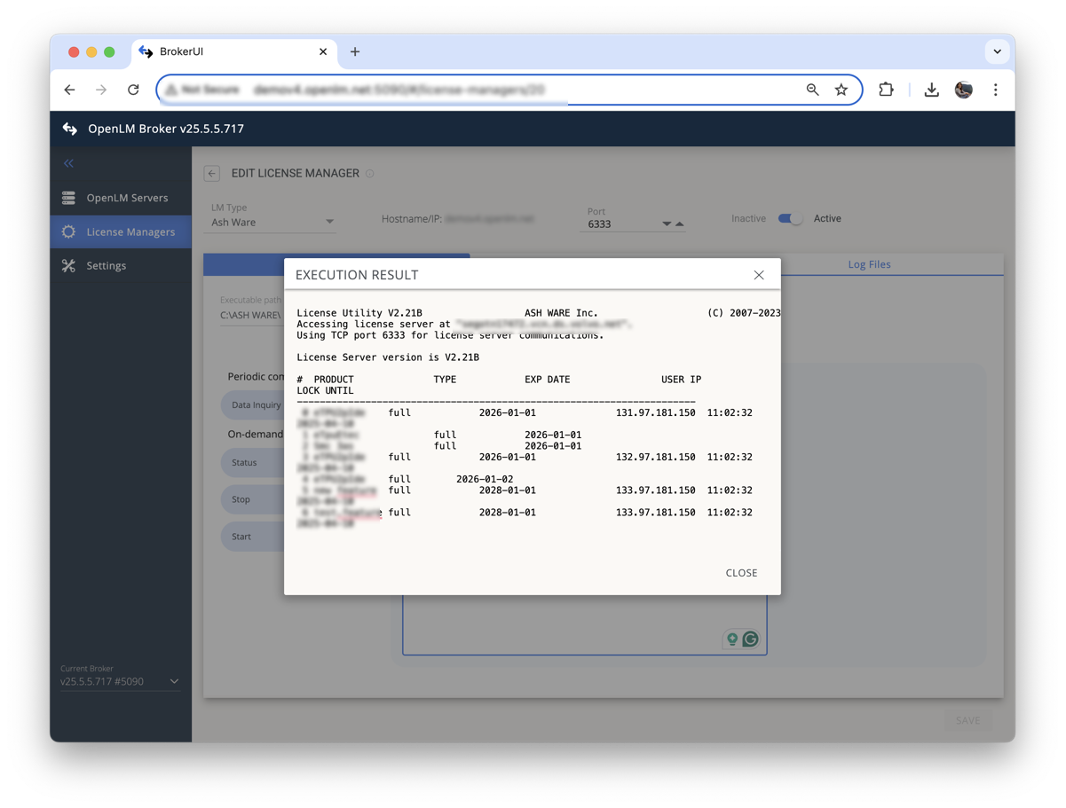 Example of a successful execution result