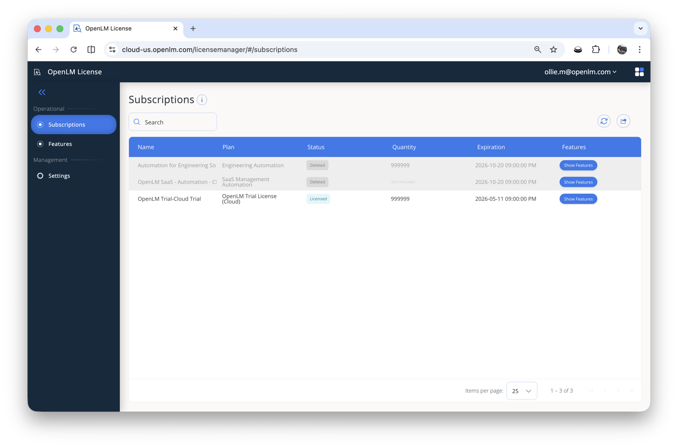 The Subscriptions page shows each subscription, its status, quantity, expiration date, and the option to view included features.