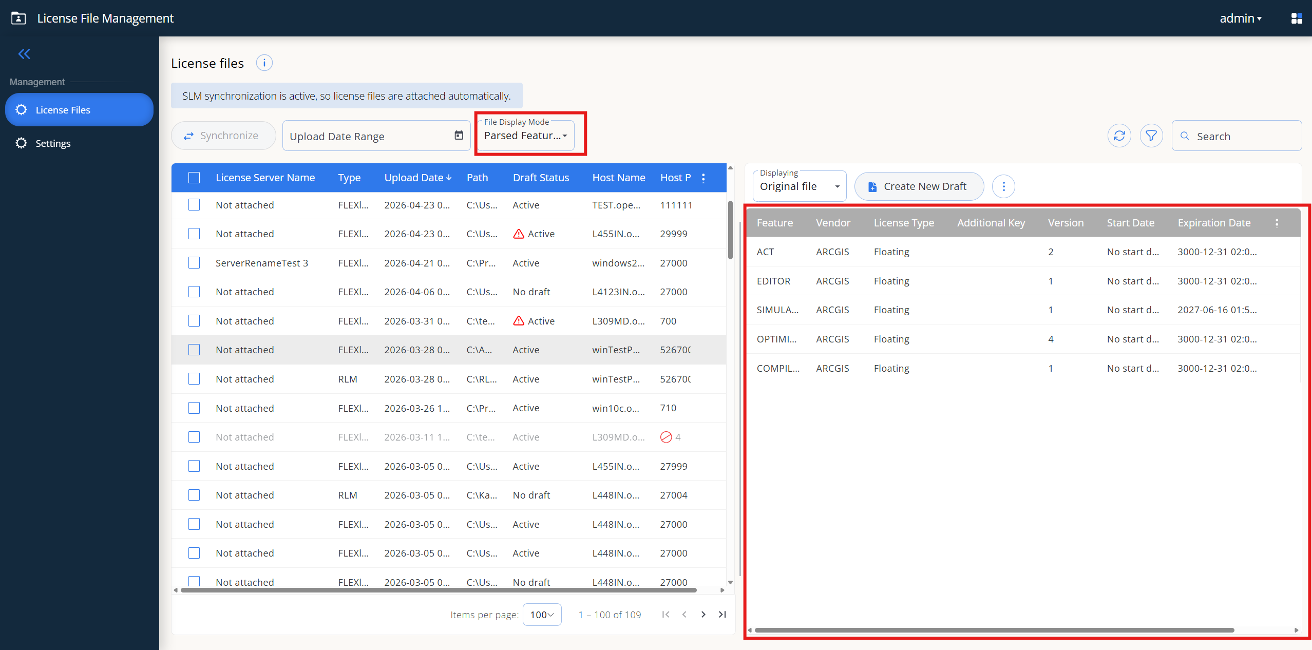License files page with the Parsed Features panel showing feature name, vendor, license type, version, and dates for a selected license file
