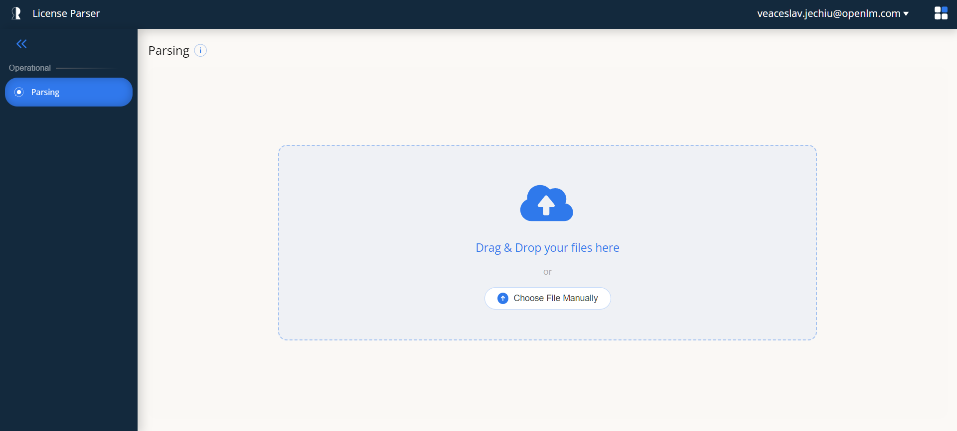 Parsing page with the drag-and-drop upload area