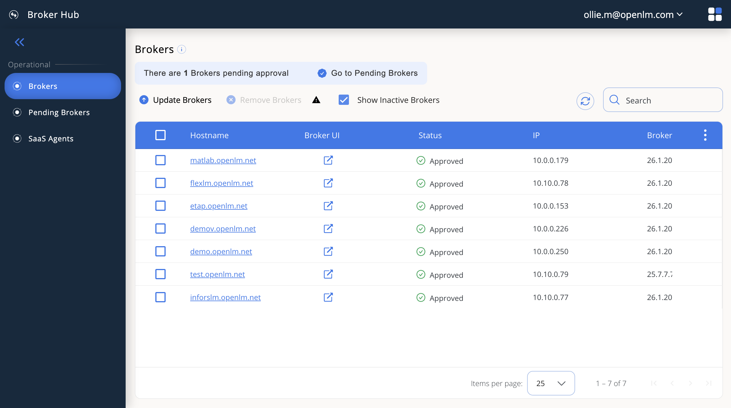 Broker Hub showing pending brokers list