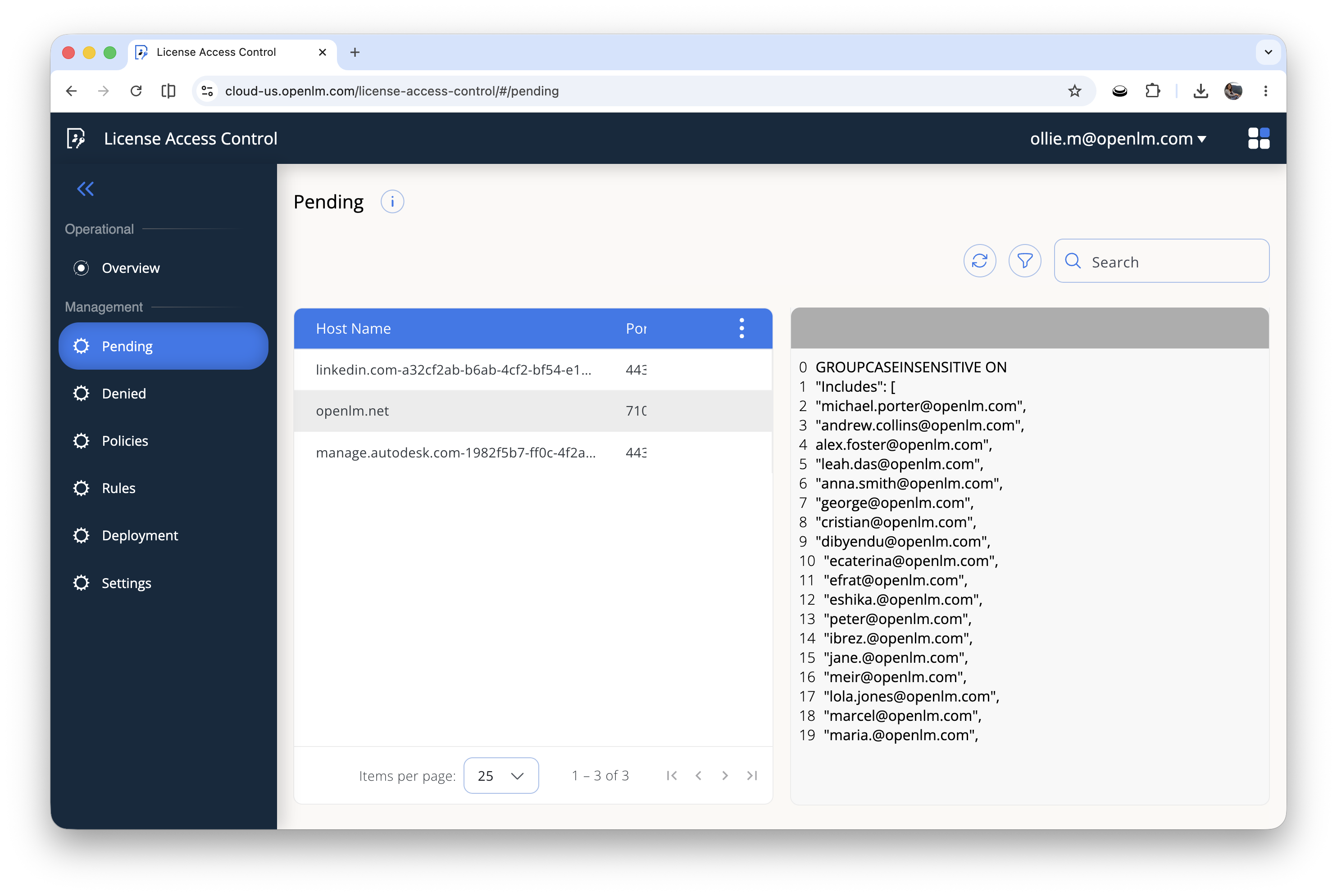 The LAC Pending page lists newly discovered assets and previews the current option file content for the selected asset.