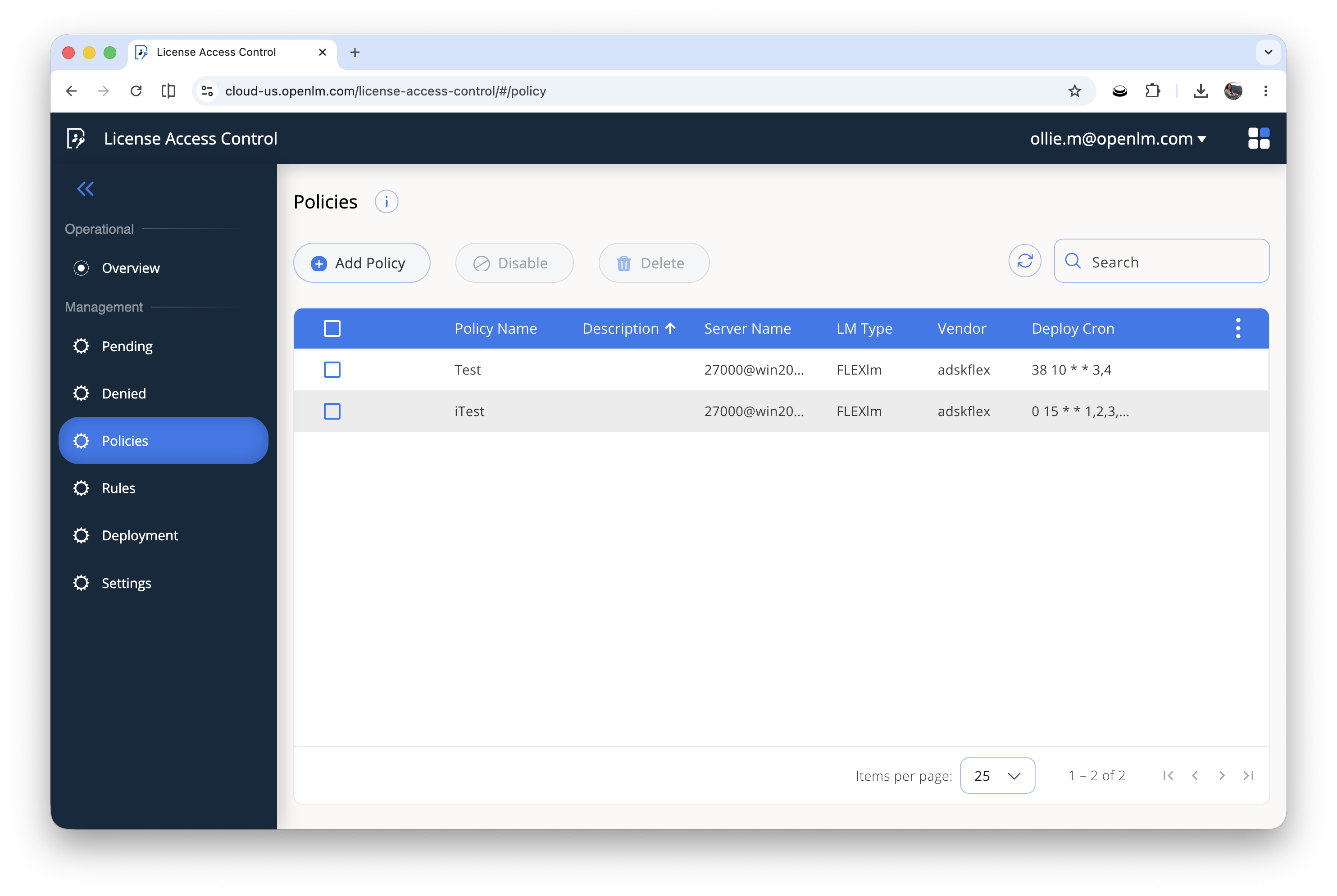 The LAC Policies page lists policies with their description, server, license manager type, vendor, deploy cron, and create/update dates.