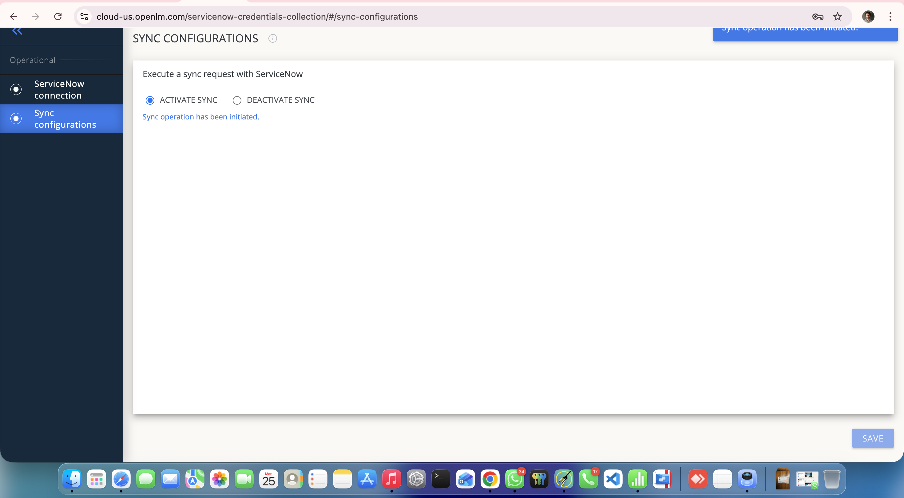 Sync configurations tab in the OpenLM Platform ServiceNow Connector