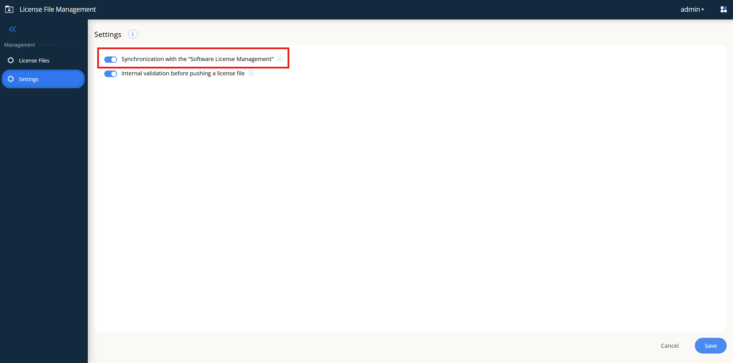 LFM Settings page with the Synchronization with the Software License Management toggle on, and the Internal validation before pushing a license file toggle below it
