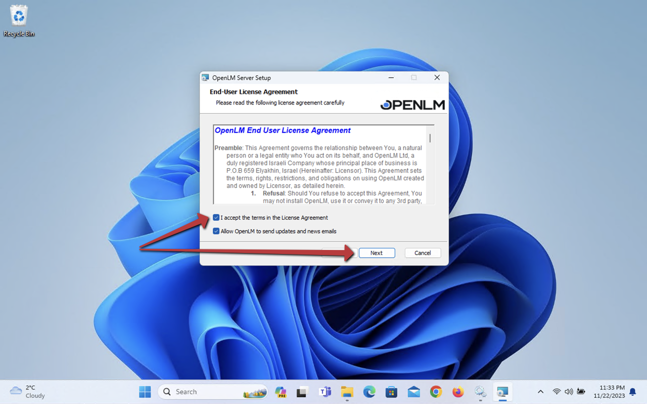 End-User License Agreement acceptance screen during upgrade