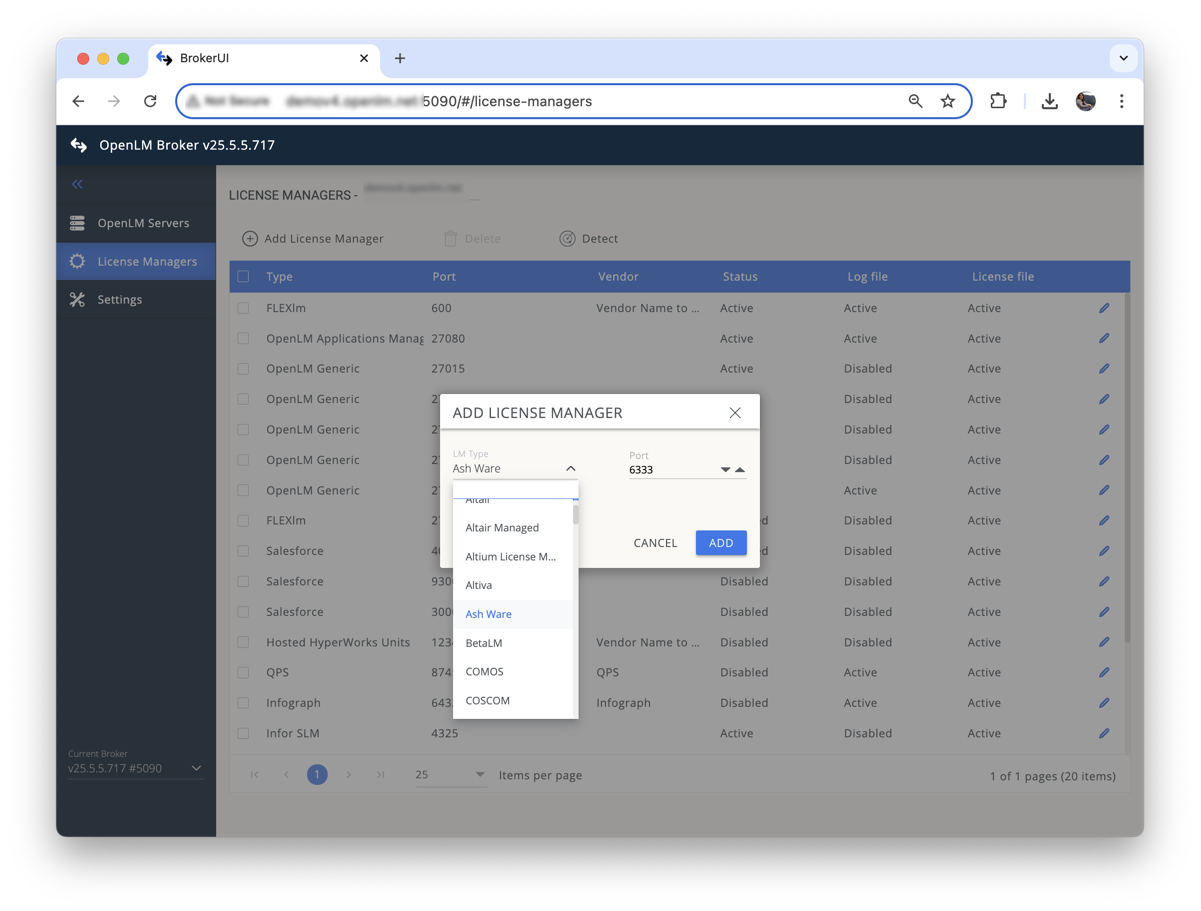 Diagram of OpenLM Broker connection to ASH WARE license manager