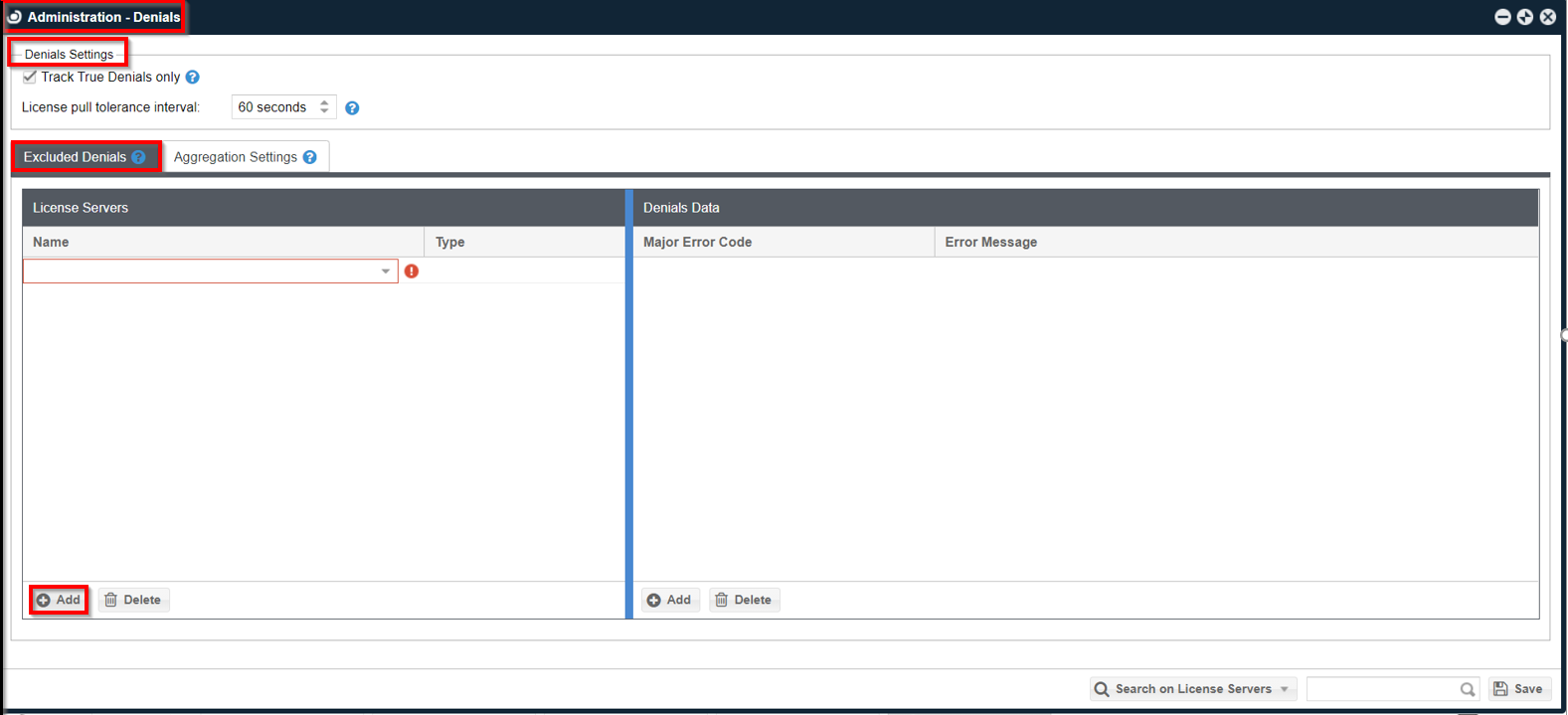 A row inserted into the License Servers Panel using Add button