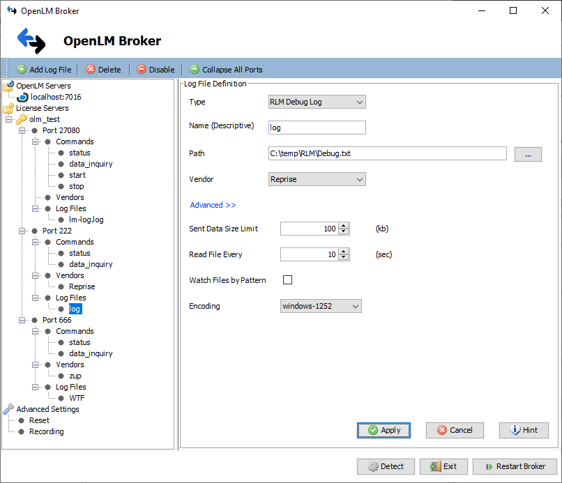 Broker log settings for Reprise RLM