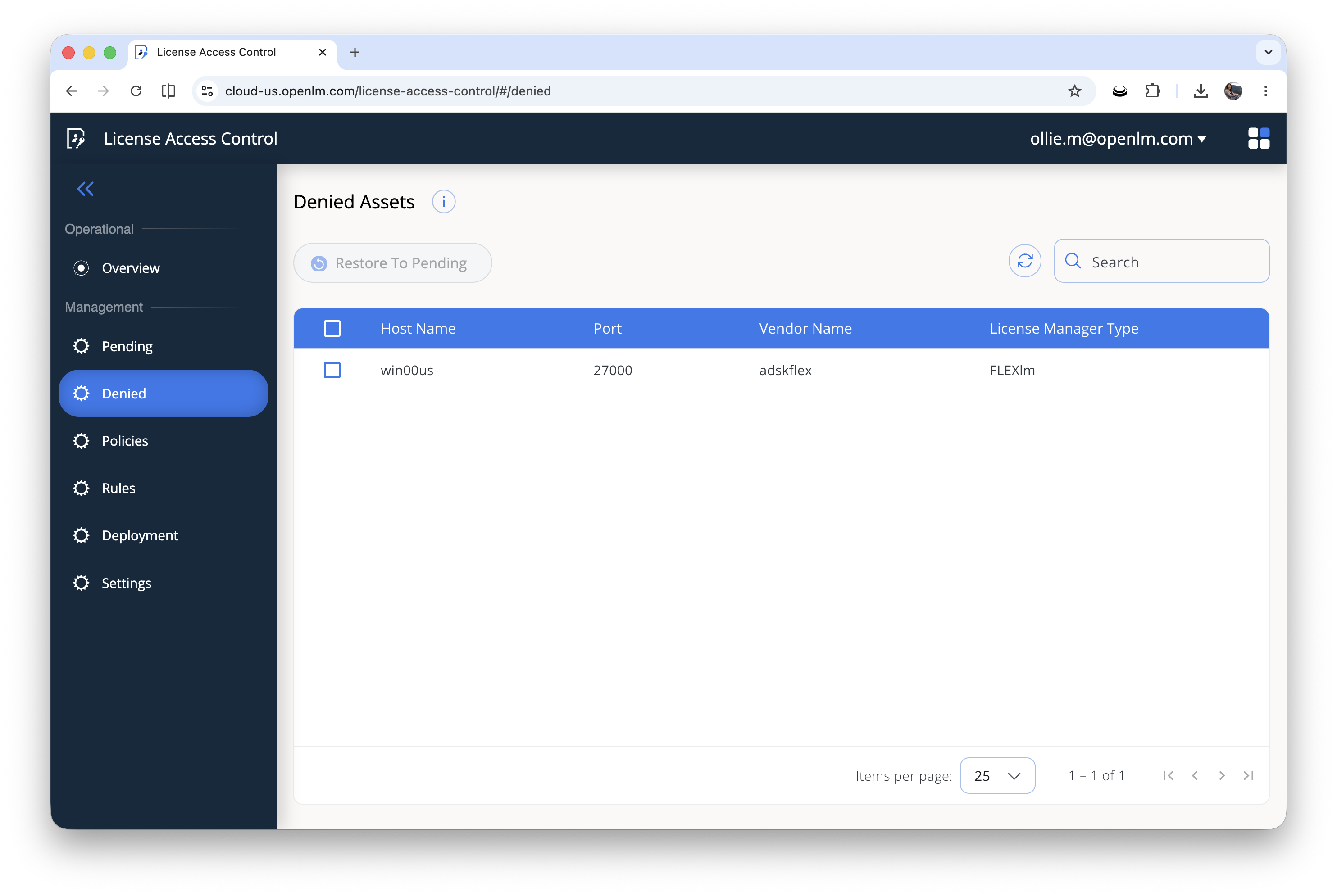 The LAC Denied Assets page lists assets you previously denied, with a Restore To Pending action.