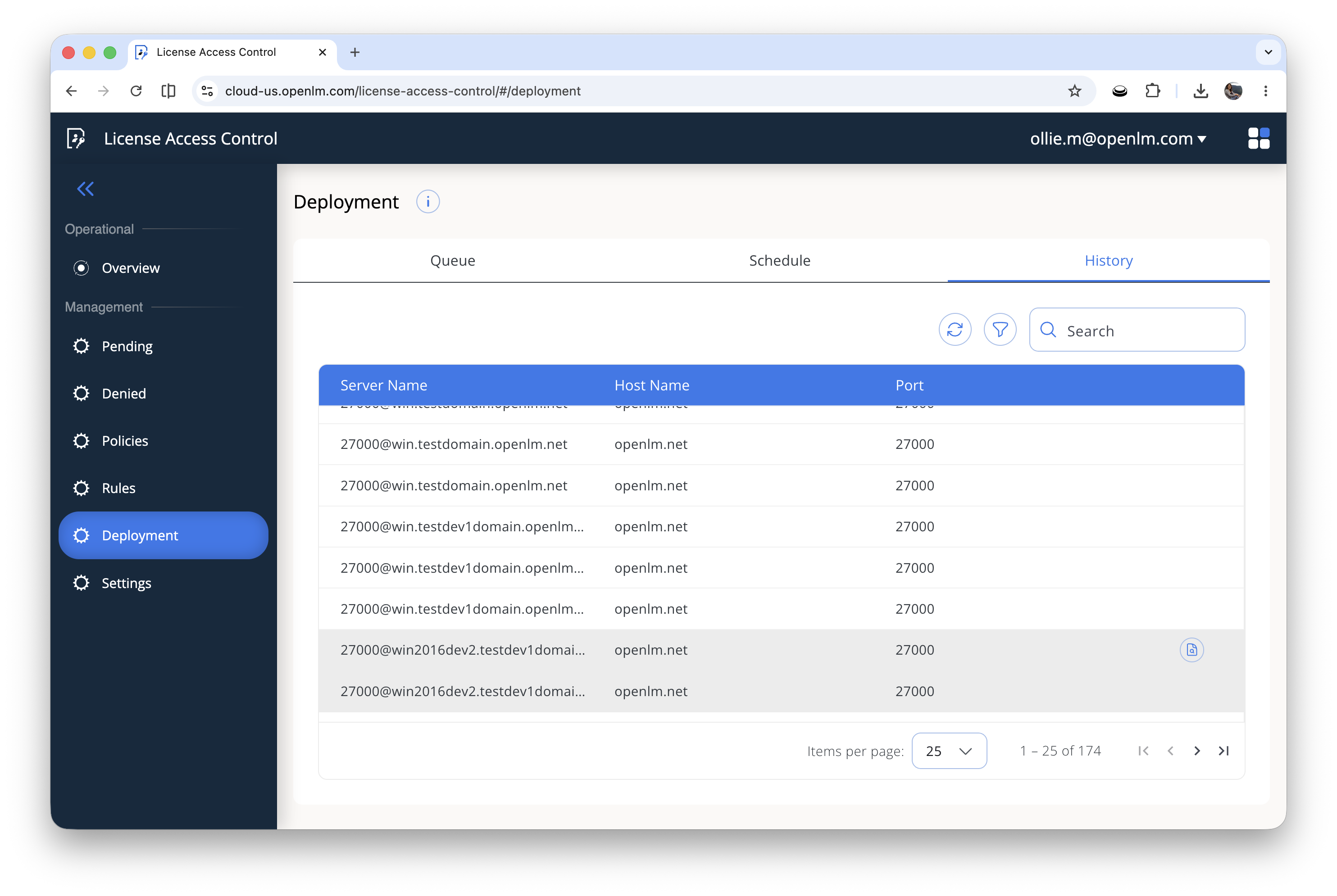 The History tab on the LAC Deployment page lists completed deployments with status, timestamp, and any skipped rules.