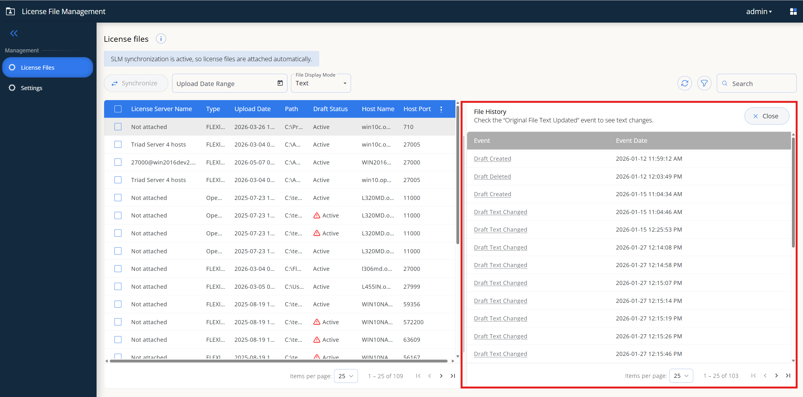 License files ページ。File History パネルが開いており、Event 列と Event Date 列に Draft Created、Draft Deleted、Draft Text Changed などのエントリが表示されている