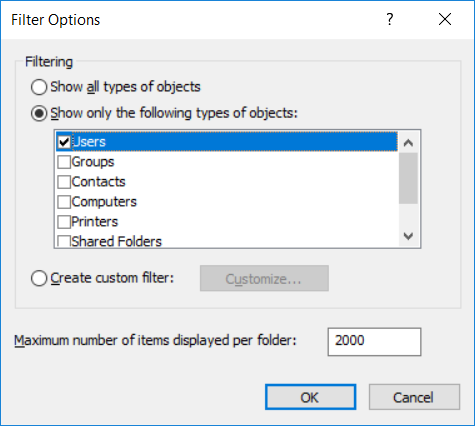 Users を選択した Filter Options ウィンドウ