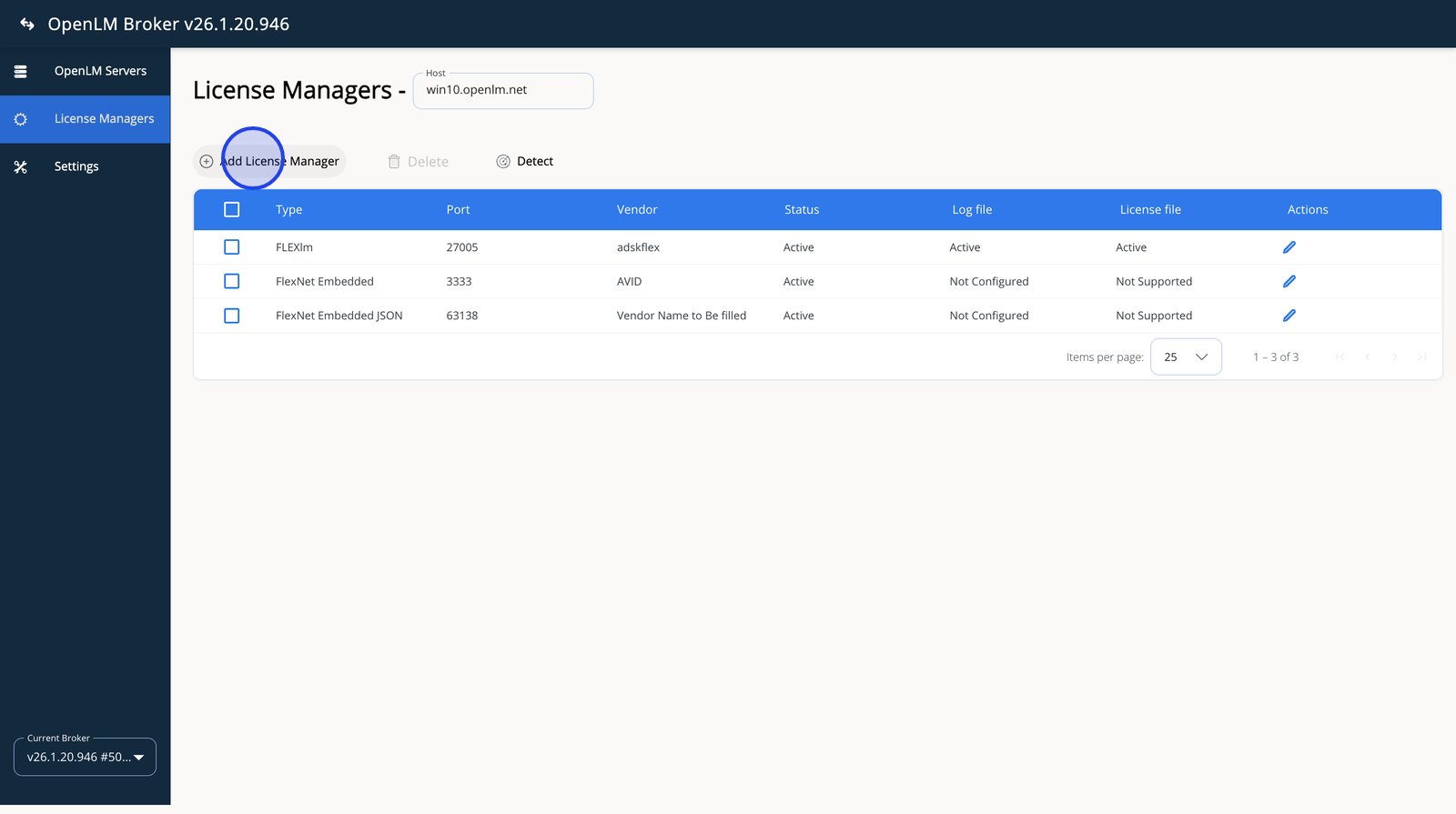 OpenLM Broker の Add License Manager ボタン