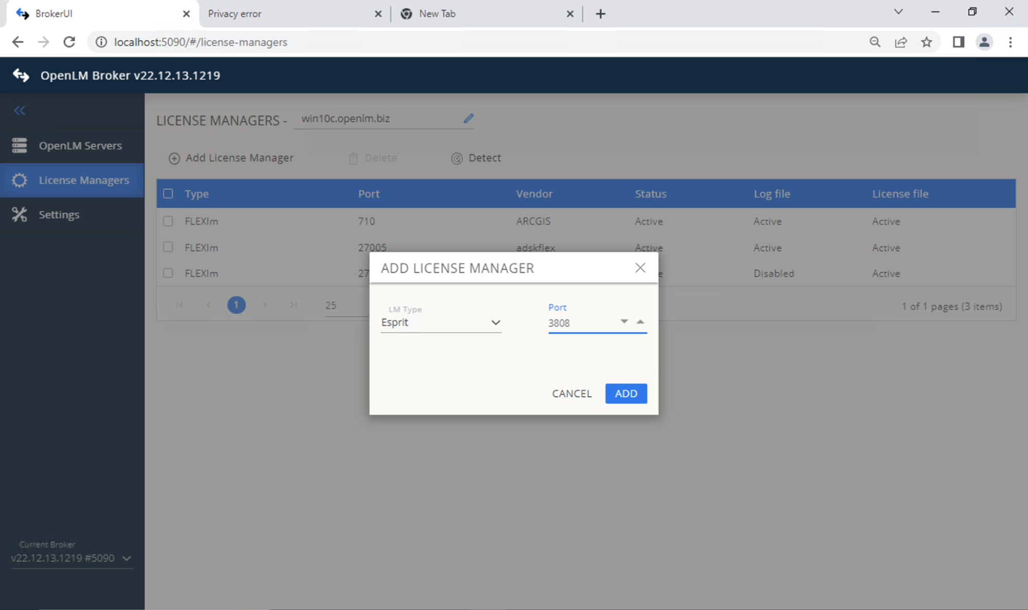 Settings タブでライセンスファイルを指定