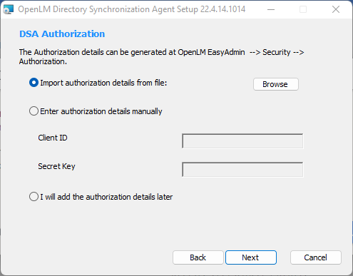 DSA installation wizard authorization step