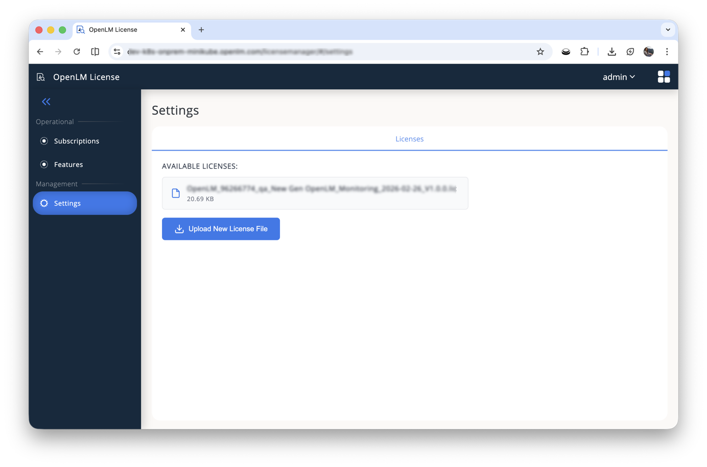 The On-Premises Settings page shows the Licenses tab with the current license file and the Upload New License File button.