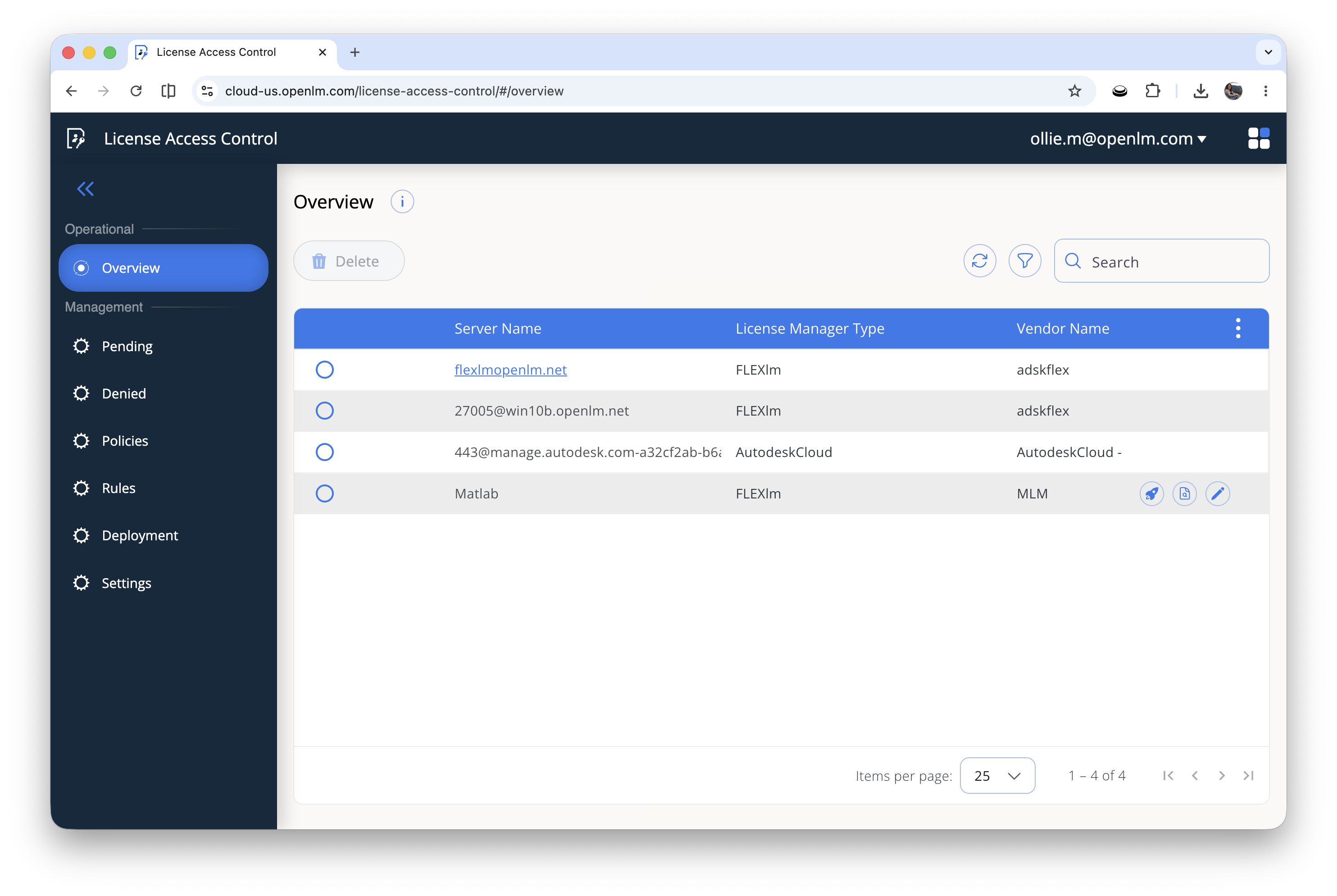 The LAC Overview page lists each approved asset with its server name, license manager type, vendor, and the number of rules and policies attached.