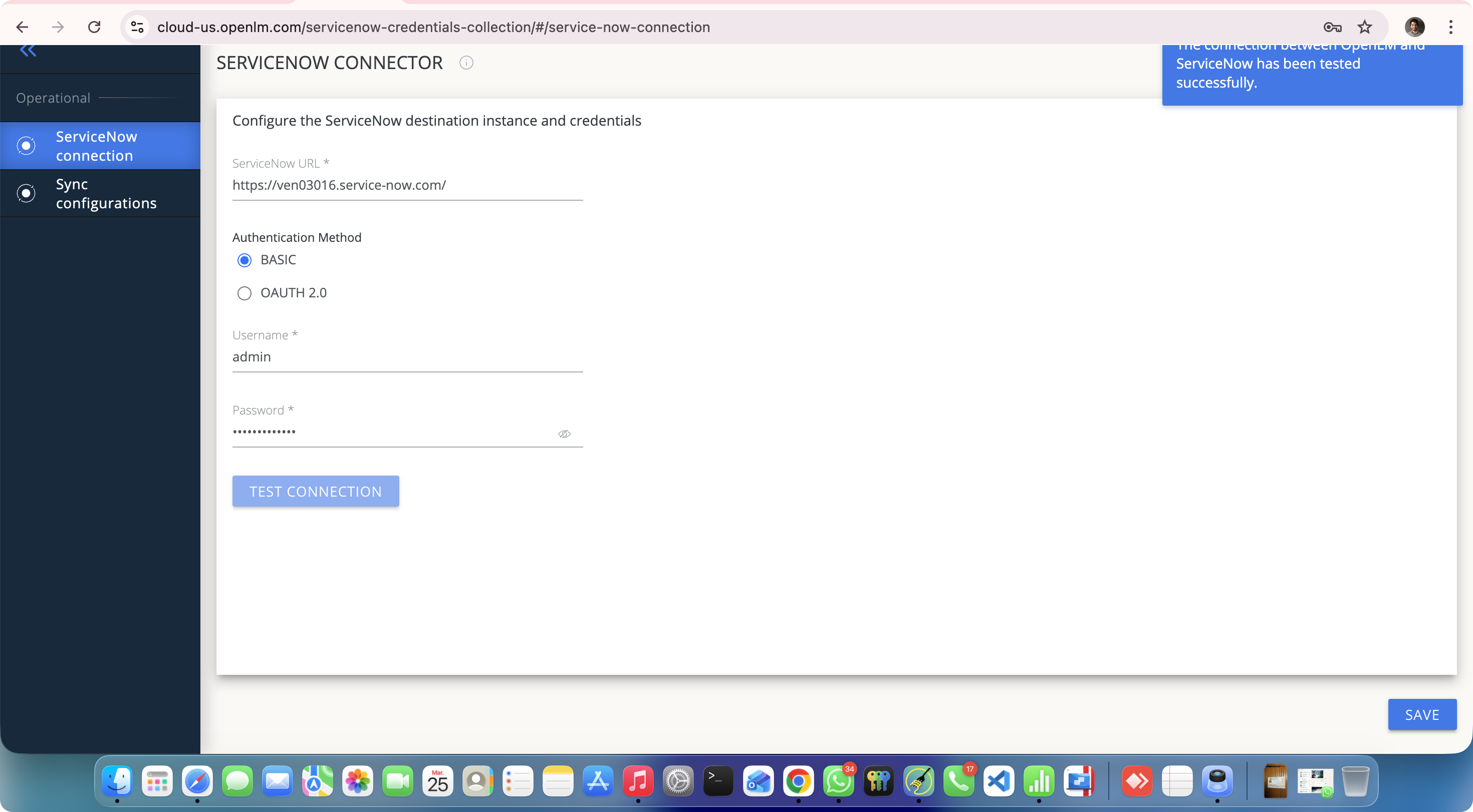 OpenLM Platform の ServiceNow Connector にある ServiceNow connection の設定
