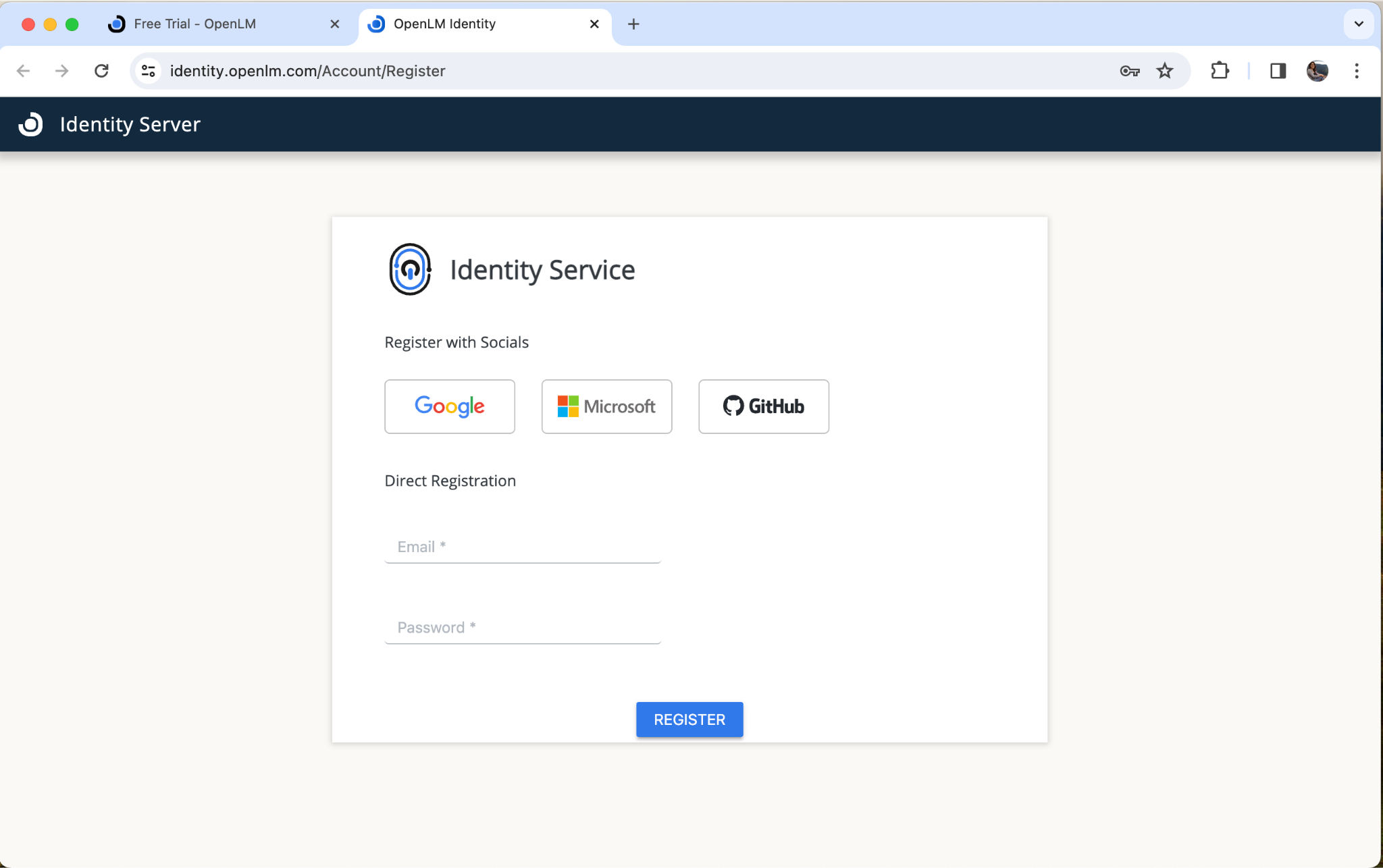 Figure 2: The Identity Service registration form.
