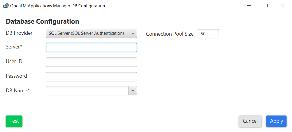 Applications Manager Database Configuration tool using SQL Server with standard authentication